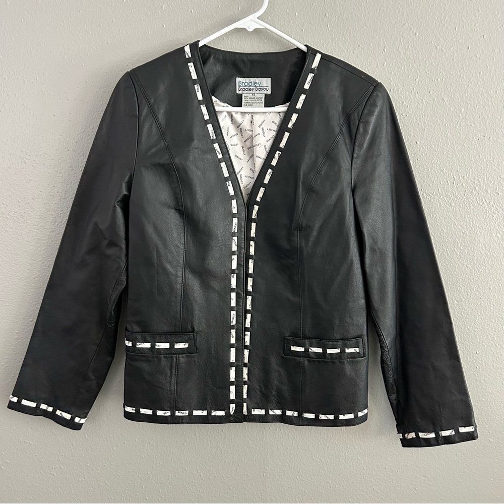 Bradley Bayou Genuine Leather Jacket Blazer Women’s XS Black White Logo Trim